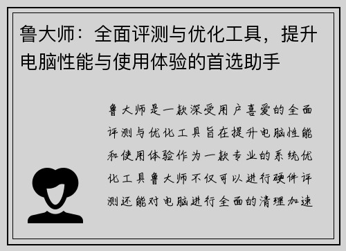 鲁大师：全面评测与优化工具，提升电脑性能与使用体验的首选助手