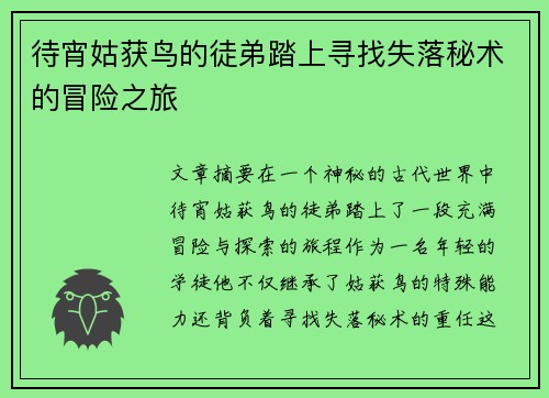 待宵姑获鸟的徒弟踏上寻找失落秘术的冒险之旅
